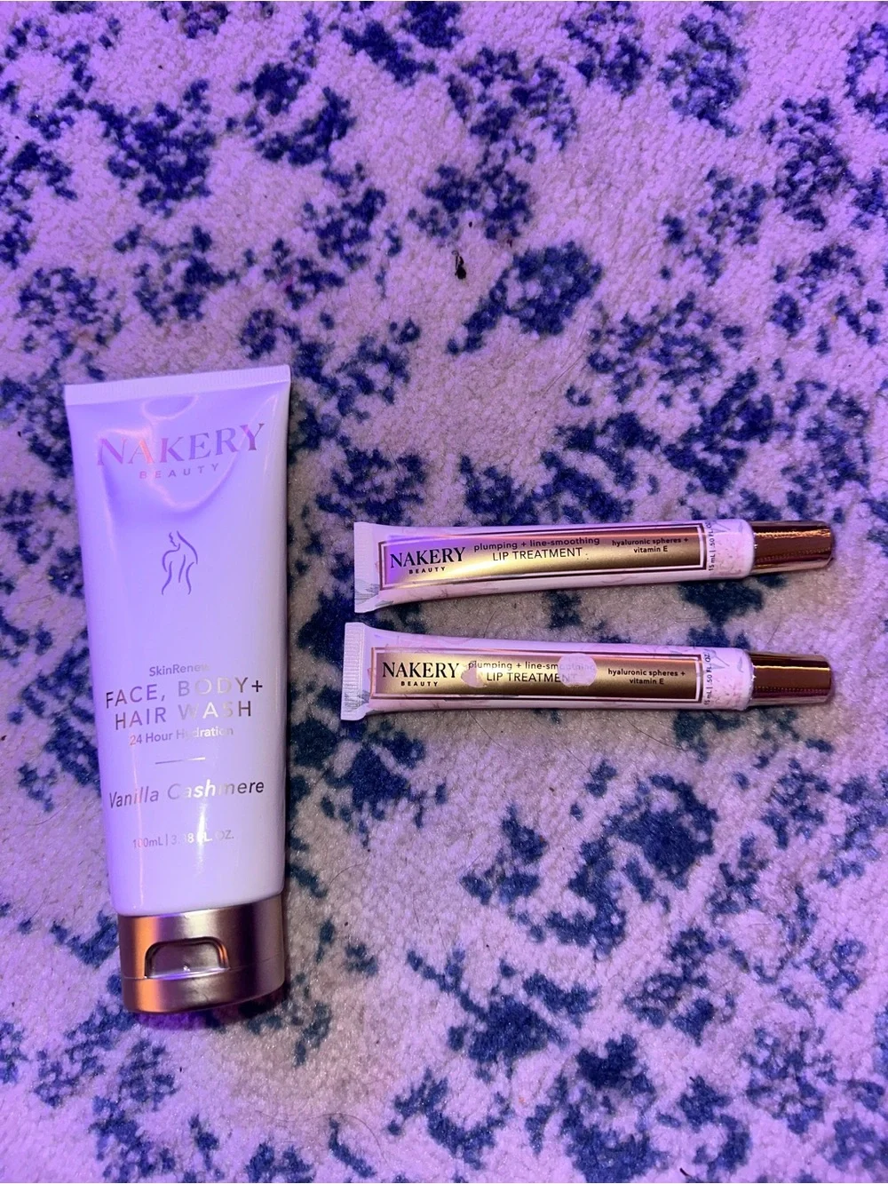 Nakery Set of Vanilla Cashmere Face, Body & Hair Wash + 2 Lip Treatments NEW